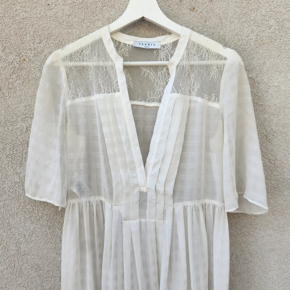 SANDRO Paris Women's Dress US Size 8 White Sheer Embroidered Floral Luxury - Picture 4 of 14
